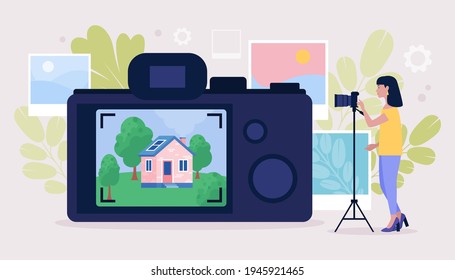 Photography Workshop. Illustration Of Photographer With A Camera. Colorful Flat Vector Drawing.