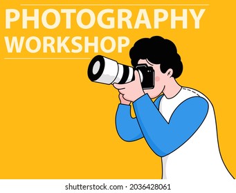  Photography workshop, man holding camera and taking professional photo