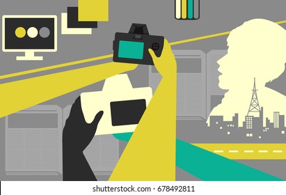 Photojournalism Illustration Featuring People Holding Digital Cameras With Monitors, Broadcast Towers, and Books Scattered Around