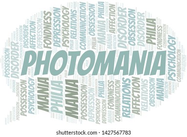 Photomania word cloud. Type of mania, made with text only.