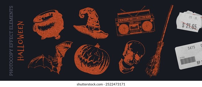 Photonegative effect for Halloween. Vector illustrations of a skull, pumpkin, jack-o-lantern, bat, broom, and cauldron in a collage. Grunge and halftone textures enhance this retro art.