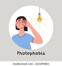 Photophobia, light sensitivity or migraine concept. Woman protects her eyes from bright light with your hands. Flat vector illustration.