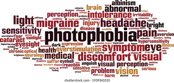 Konzept der Photophobie-Wolke Kollage aus Wörtern über Fotophobie. Vektorgrafik 