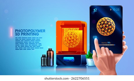 Photopolymer 3d printer on desk printed model. Maker hold tablet in hand with model on screen. Man control 3d printing on farm of 3d printers. Polymer resin bottles of prototyping on 3d printer.