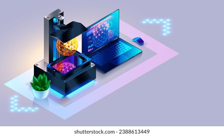 Fototopolymer LCD 3D Drucker gedrucktes Modell von Harz. 3D-Druckeranschluss mit Laptop. 3D-Modell auf Bildschirm-Laptop in CAD-System-Schnittstelle. Isometrische Abbildung von 3D-Drucker mit Laptop auf dem Schreibtisch.