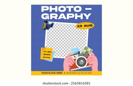 Photopraphy Day Socials Media. Fun, colorful, poster, illustration, background, celebration, people, community, banner, social, celebrate, august, day, international, event, world.