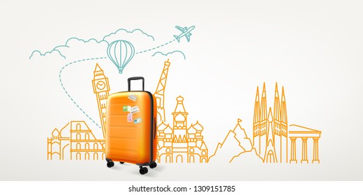 Photoreal suitcase with different travel destination elements. World travel vector concept
