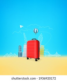 Photoreal suitcase with different travel famous sights on a beach Illustration with copyspace