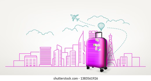 Photoreal violet suitcase with cityscape background. World travel vector concept