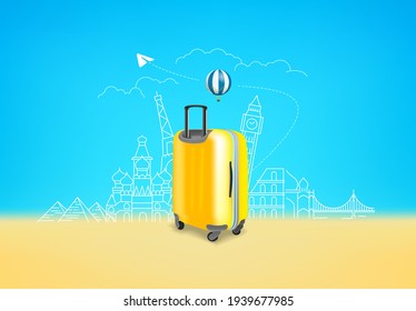 Photoreal yellow suitcase with different travel famous sights