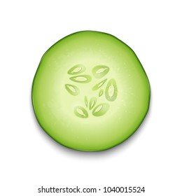 Photo-realistic 3d slice juicy cucumber icon closeup isolated on white background. Design template for graphics, food vector illustration
