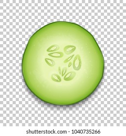 Photo-realistic 3d slice juicy cucumber icon closeup isolated on transparency grid background, top view. Design template for graphics, food vector illustration