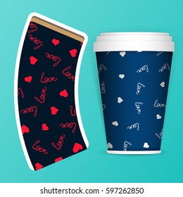 Photorealistic 3D Vector EPS10 Paper Coffee Cup Mockup Set. Vector Template. Take away utensil, tableware. Hot drinks cups. White paper cup and with pattern about coffee love.