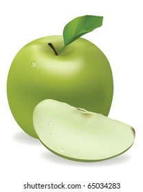 Photorealistic appetizing green apple with dew drops.