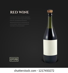 Photorealistic bottle of red sparkling wine on a black background. Mockup transparent bottle of wine. Template for presentation in a minimalist style.