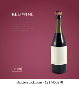 Photorealistic bottle of red sparkling wine on a burgundy background. Mockup transparent bottle of wine. Template for presentation in a minimalist style.
