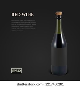 Photorealistic bottle of red sparkling wine on a black background. Mockup transparent bottle of wine. Template for presentation in a minimalist style.