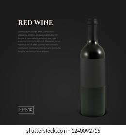 Photorealistic bottle of red wine on a black background. Mock up transparent bottle of wine. Template for product presentation or advertising in a minimalistic style.