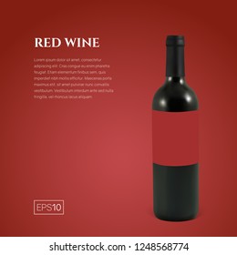 Photorealistic bottle of red wine on a red background. Mock up transparent bottle of wine. Template for product presentation or advertising in a minimalistic style.