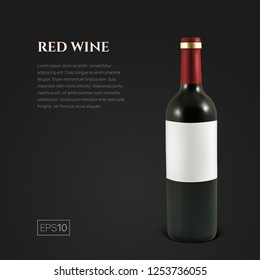 Photorealistic bottle of red wine on a black background. Mock up transparent bottle of wine. Template for product presentation or advertising in a minimalistic style.