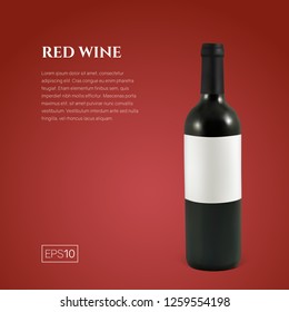 Photorealistic bottle of red wine on a red background. Mock up transparent bottle of wine. Template for product presentation or advertising in a minimalistic style.