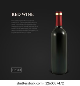 Photorealistic bottle of red wine on a black background. Mock up transparent bottle of wine. Template for product presentation or advertising in a minimalistic style.