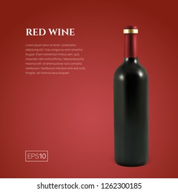 Photorealistic bottle of red wine on a red background. Mock up transparent bottle of wine. Template for product presentation or advertising in a minimalistic style.