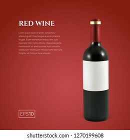 Photorealistic bottle of red wine on a red background. Mock up transparent bottle of wine. Template for product presentation or advertising in a minimalistic style.