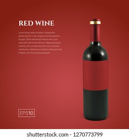 Photorealistic bottle of red wine on a red background. Mock up transparent bottle of wine. Template for product presentation or advertising in a minimalistic style.