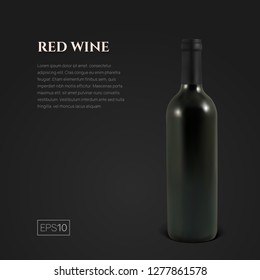 Photorealistic bottle of red wine on a black background. Mock up transparent bottle of wine. Template for product presentation or advertising in a minimalistic style.