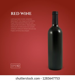 Photorealistic bottle of red wine on a red background. Mock up transparent bottle of wine. Template for product presentation or advertising in a minimalistic style.