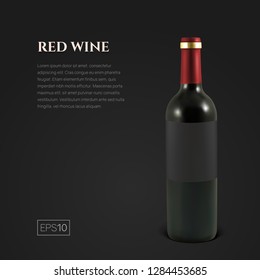 Photorealistic bottle of red wine on a black background. Mock up transparent bottle of wine. Template for product presentation or advertising in a minimalistic style.