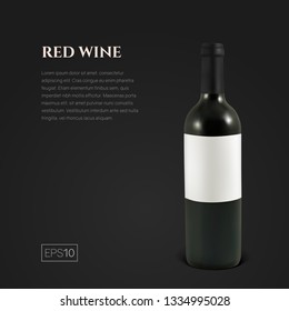 Photorealistic bottle of red wine on a black background. Mock up transparent bottle of wine. Template for product presentation or advertising in a minimalistic style.