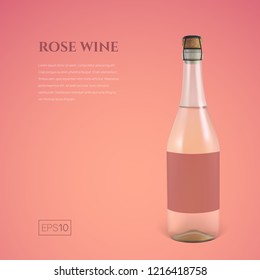 Photorealistic bottle of rose sparkling wine on a pink background. Mock up transparent bottle of wine. Template for presentation in a minimalist style.