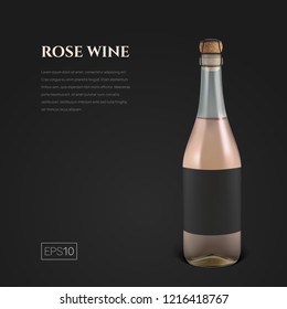Photorealistic bottle of rose sparkling wine on a black background. Mock up transparent bottle of wine. Template for presentation in a minimalist style.