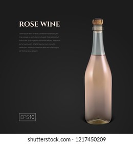 Photorealistic bottle of rose sparkling wine on a black background. Mockup transparent bottle of wine. Template for presentation in a minimalist style.