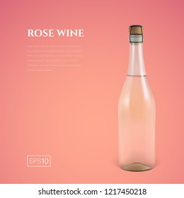 Photorealistic bottle of rose sparkling wine on a pink background. Mock up transparent bottle of wine. Template for presentation in a minimalist style.