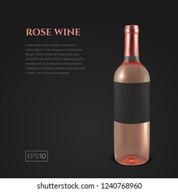 Photorealistic bottle of rose wine on a black background. Mock up transparent bottle of wine. Template for product presentation or advertising in a minimalistic style.