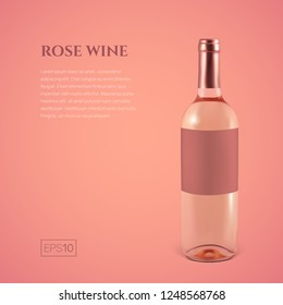 Photorealistic bottle of rose wine on a pink background. Mock up transparent bottle of wine. Template for product presentation or advertising in a minimalistic style.