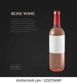 Photorealistic bottle of rose wine on a black background. Mock up transparent bottle of wine. Template for product presentation or advertising in a minimalistic style.