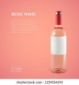 Photorealistic bottle of rose wine on a pink background. Mock up transparent bottle of wine. Template for product presentation or advertising in a minimalistic style.