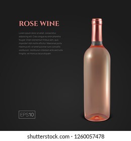 Photorealistic bottle of rose wine on a black background. Mock up transparent bottle of wine. Template for product presentation or advertising in a minimalistic style.