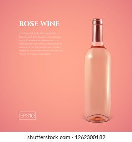 Photorealistic bottle of rose wine on a pink background. Mock up transparent bottle of wine. Template for product presentation or advertising in a minimalistic style.