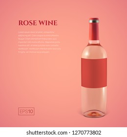 Photorealistic bottle of rose wine on a pink background. Mock up transparent bottle of wine. Template for product presentation or advertising in a minimalistic style.