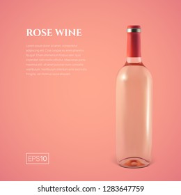 Photorealistic bottle of rose wine on a pink background. Mock up transparent bottle of wine. Template for product presentation or advertising in a minimalistic style.