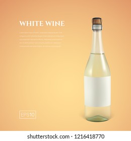 Photorealistic bottle of white sparkling wine on a yellow background. Mock up transparent bottle of wine. Template for presentation in a minimalist style.