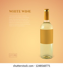 Photorealistic bottle of white wine on a yellow background. Mock up transparent bottle of wine. Template for product presentation or advertising in a minimalistic style.