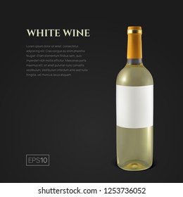 Photorealistic bottle of white wine on a black background. Mock up transparent bottle of wine. Template for product presentation or advertising in a minimalistic style.