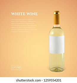 Photorealistic bottle of white wine on a yellow background. Mock up transparent bottle of wine. Template for product presentation or advertising in a minimalistic style.