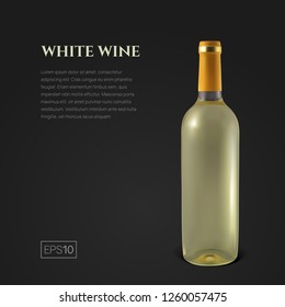 Photorealistic bottle of white wine on a black background. Mock up transparent bottle of wine. Template for product presentation or advertising in a minimalistic style.